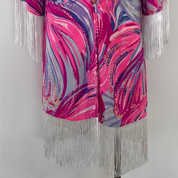 Lilly Pulitzer Noelle Silk Kimono Coverup Magenta Oh My Guava Fringe XS NWT - Picture 4 of 13